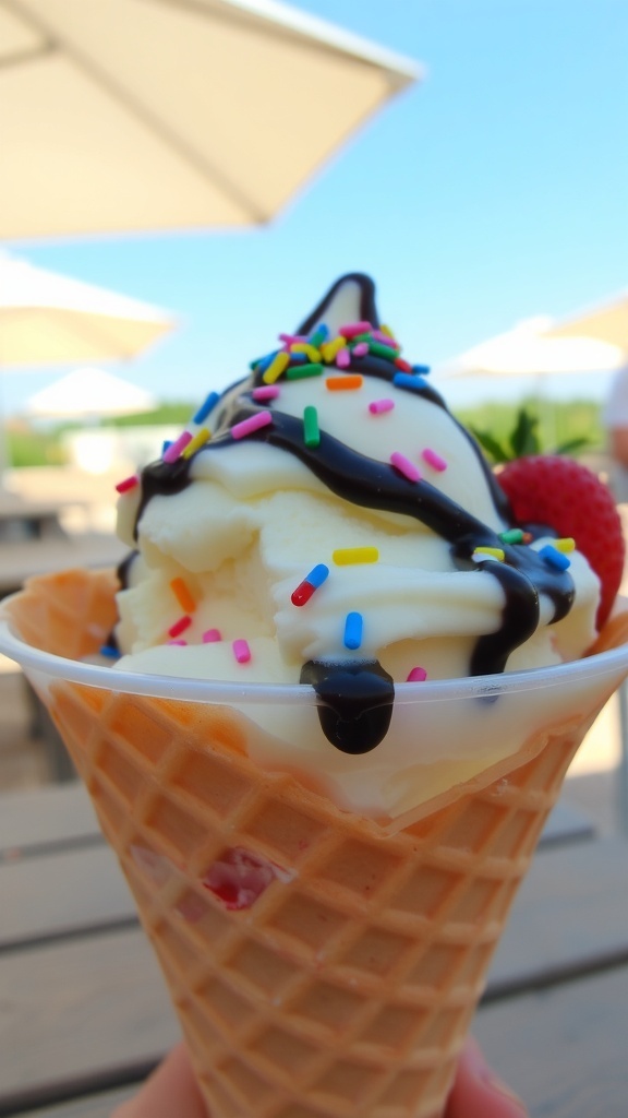 Simple Vanilla Ice Cream Recipe A bowl of vanilla ice cream with chocolate sauce and sprinkles, served with strawberries and a waffle cone.